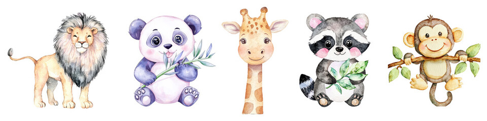 Naklejka premium Lion panda giraffe raccoon monkey watercolor illustration set isolated on transparent background