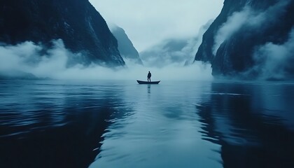Obraz premium A solitary figure stands in a boat on misty waters