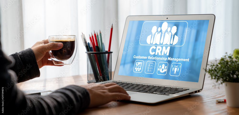 Aufkleber customer relationship management system on modish computer for crm business and enterprise
