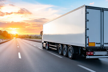 delivery truck driving on highway during beautiful sunset