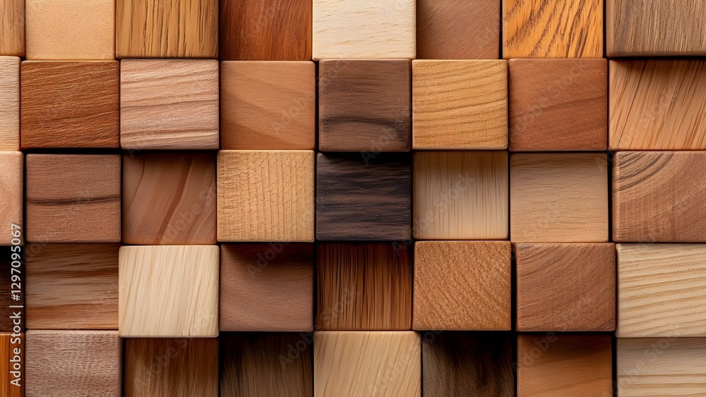 Poster a close-up view of a pattern made of various wooden blocks in different shades and grains arranged i