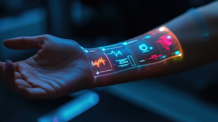 A users forearm bears a tingedge wearable patch projecting a holographic timeline that shows historical health data trends. The interface highlights significant changes and alerts represented