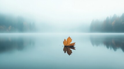 Delicate golden leaf floating on a misty lake with a soft reflection