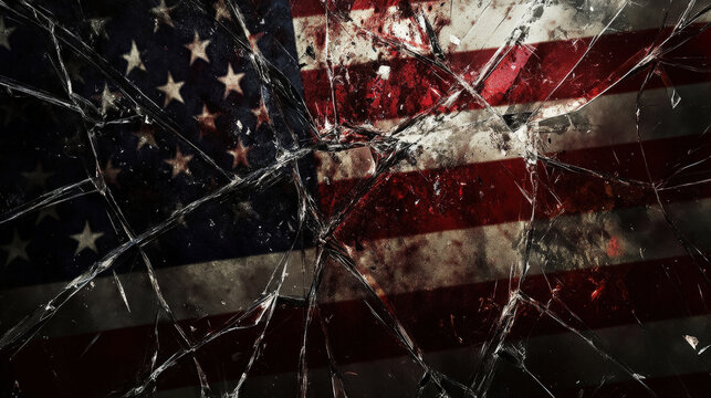 American flag shattered with broken glass symbolizing division, struggle, and national challenges

