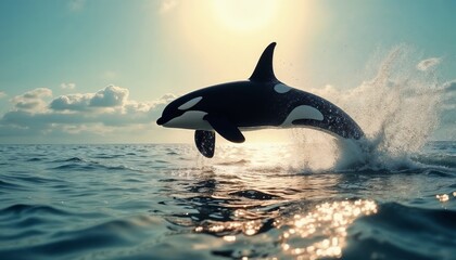 Obraz premium Orca jumping out of the water at sunset