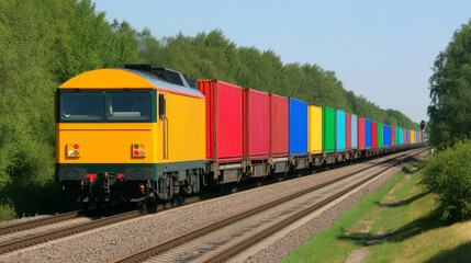 Fototapeta premium vibrant freight train transporting colorful containers along scenic route