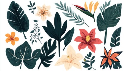 Isolated Tropical Flowers and Leaves Illustration on White