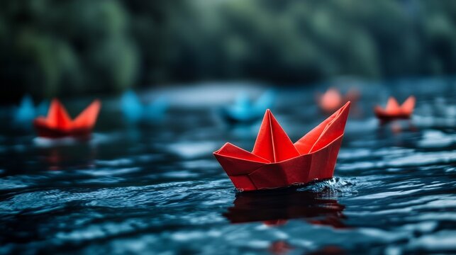 A fleet of origami ships led by a bold red boat symbolizing leadership