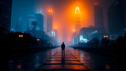cyberpunk city, neon lights, rain-soaked streets, silhouette of lone figure, foggy atmosphere, reflective surfaces, futuristic skyscrapers, orange and blue color palette, moody lighting, 