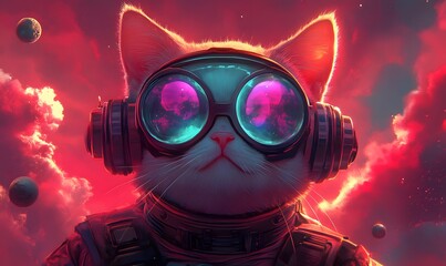 Astronaut cat with goggles and headset with red cloud background in space
