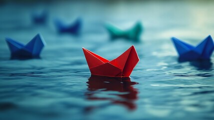 A fleet of origami ships led by a bold red boat symbolizing leadership