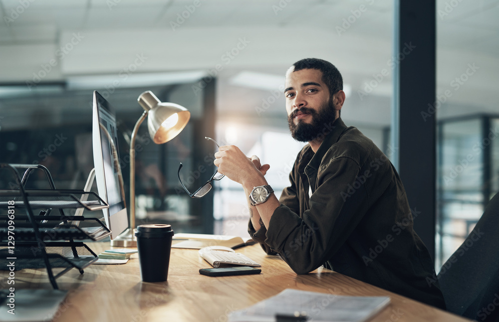 Aufkleber Computer, graphic design and portrait of man in office for website coding or programming deadline. Business, development and late night with programmer employee in creative workplace for overtime