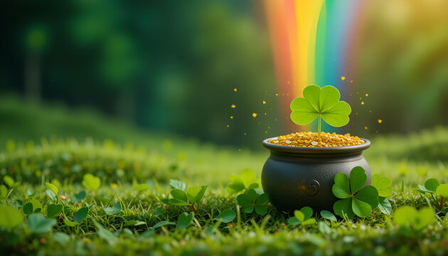 a pot of gold with a four-leaf clover growing on it. A rainbow is visible in the background. This is a classic symbol of St. Patrick's Day, which represents luck and wealth.