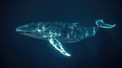 Illuminated Humpback Whale Swimming Through Dark Ocean Space Background
