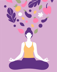 Young woman meditating in a lotus pose surrounded by leaves and plants