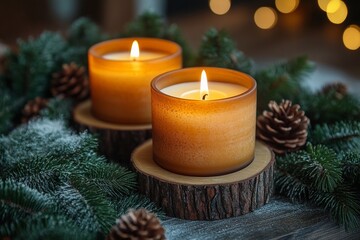 Christmas Candles with Evergreen Garland A peaceful Christmas setting featuring lit candles nestled in an evergreen garland, with soft pine needles and scattered holly leaves. The glow from the candle