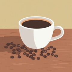 Obraz premium A steaming cup of black coffee on a wooden table with scattered coffee beans.