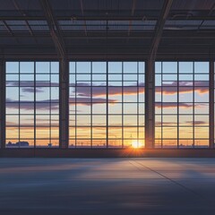 Fototapeta premium Stunning sunset view through large windows, casting golden light on an empty industrial space.