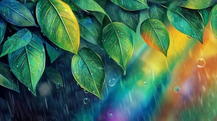 Fototapeta premium Green Leaves with Raindrops Over a Colorful Rainbow Background