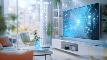 AI Powered Smart Home Living with Virtual Assistant and Futuristic Interior