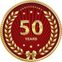 50 years anniversary vector golden design on red  background for celebration, congratulation and greeting card, logo, icon