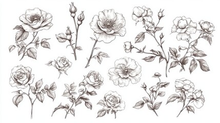Monochrome Rose Flower Sketches on White Background