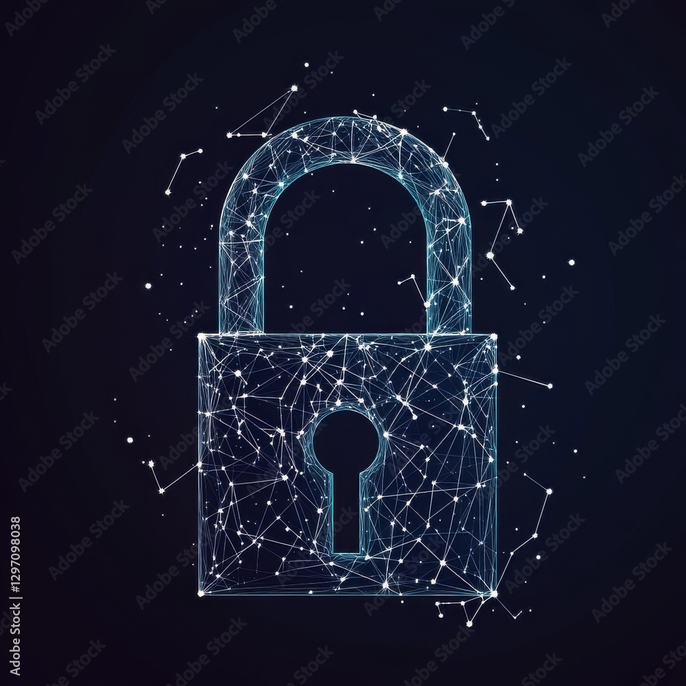 Poster a digital lock symbol created with glowing lines and dots on a dark background, representing cyberse