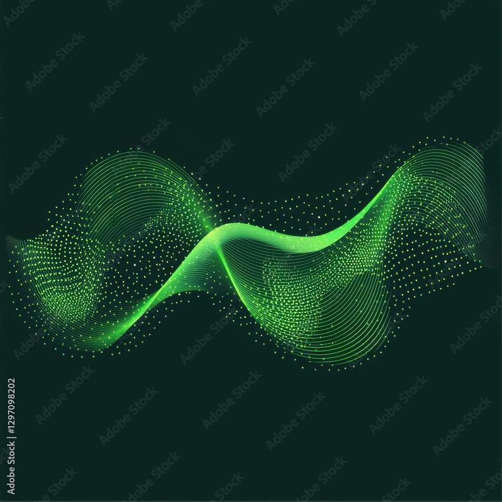 Poster abstract green wave pattern with flowing lines and glowing dots on a dark background.