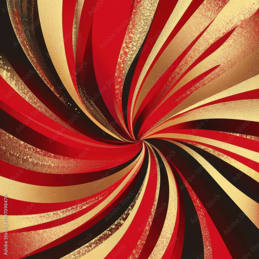 Poster dynamic abstract swirling pattern in red, gold, and black, creating a sense of movement and energy.