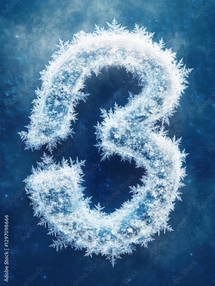 Poster frosted number three with intricate snowflake details on a blue background during winter season. gen