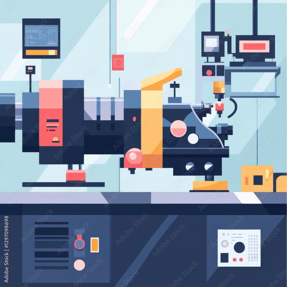 Poster a colorful illustration of a precision machine in a modern workshop setting.