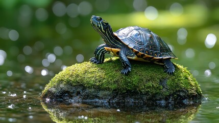 Obraz premium Turtle basking on mossy rock in pond, sunlight bokeh background