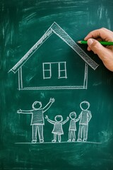 A drawing of a family with a house in the background