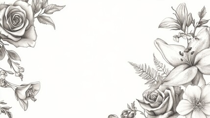 Pencil Drawing of Floral Arrangements with Roses and Lilies
