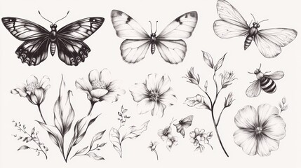 Pencil Drawing of Insects and Flowers