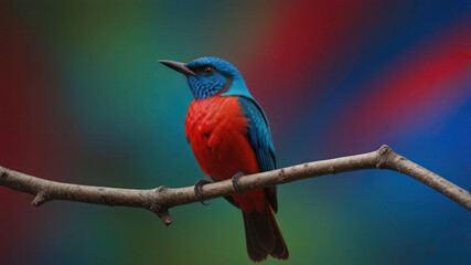Obraz premium A Vibrantly Colored Bird Perched On Branch With Blurred Red And Blue Background