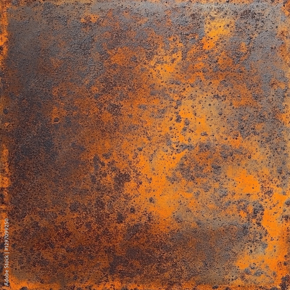 Poster close-up of textured orange and gray rust on a weathered surface.