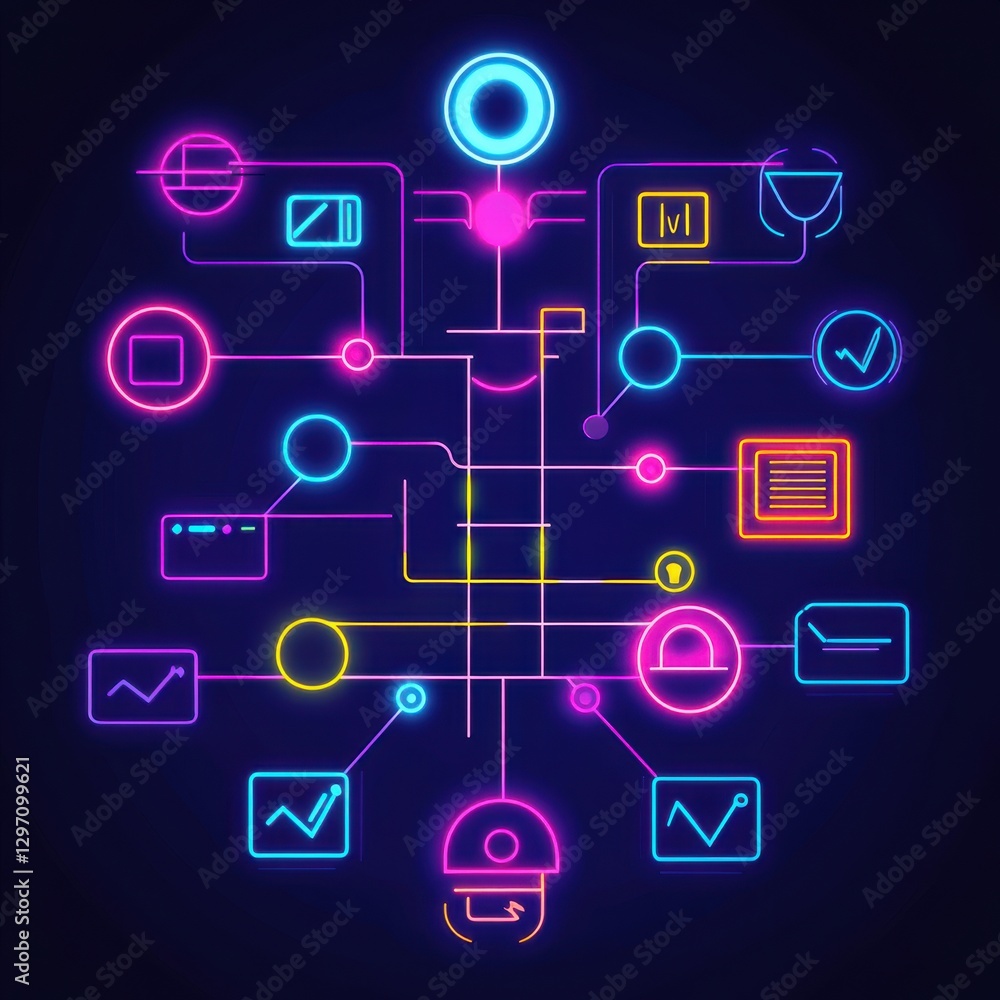 Poster colorful neon abstract technology background featuring interconnected data visualization elements.