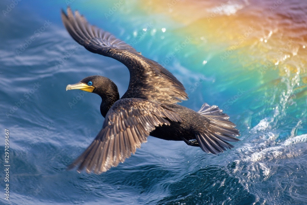 Poster oil spill creates harmful conditions for seabirds in the ocean with rainbow sheen during daylight. g