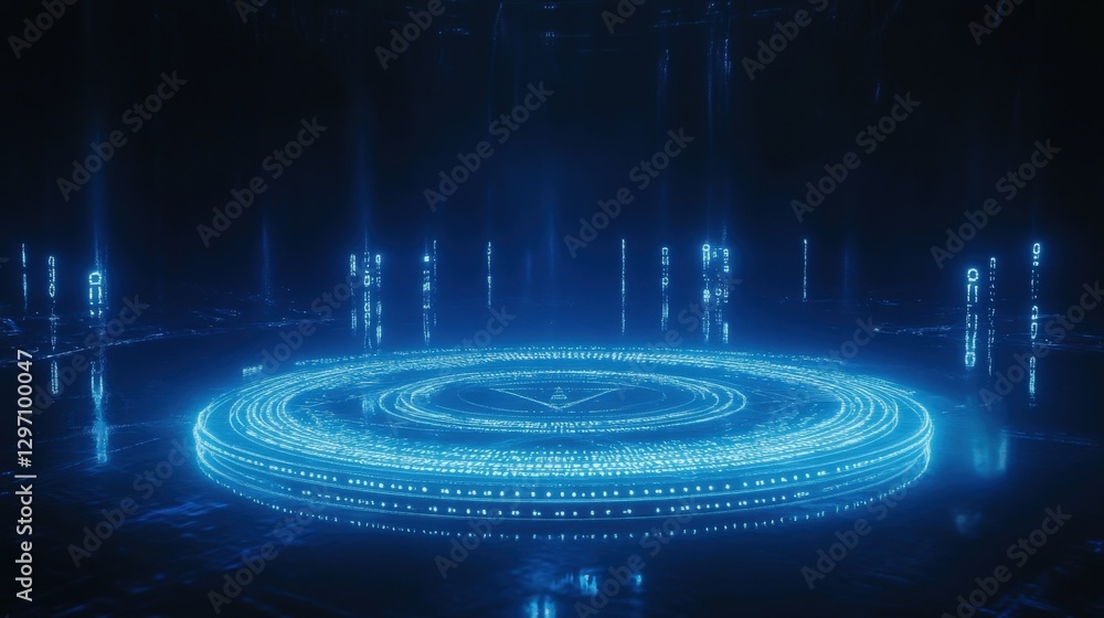 Poster glowing futuristic hologram illuminating cascading binary code and vital cyber security information,