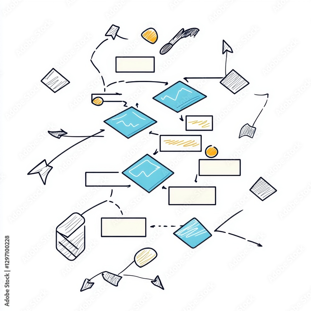 Poster illustration of a complex flowchart with colorful arrows and shapes, conveying intricate processes.