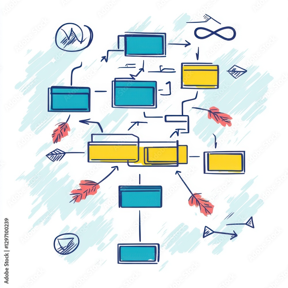 Poster colorful flowchart with arrows and shapes, illustrating a complex process in a creative, artistic st