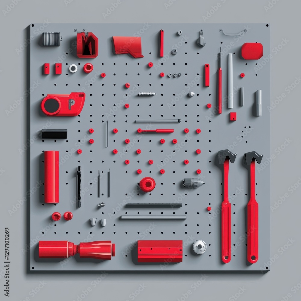 Poster a flat lay of various red and gray tools arranged systematically on a pegboard background.