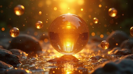 A cascade of luminous golden droplets suspended in the air, each Vector Art one reflecting infinite galaxies within its spherical form, frozen in weightless harmony.