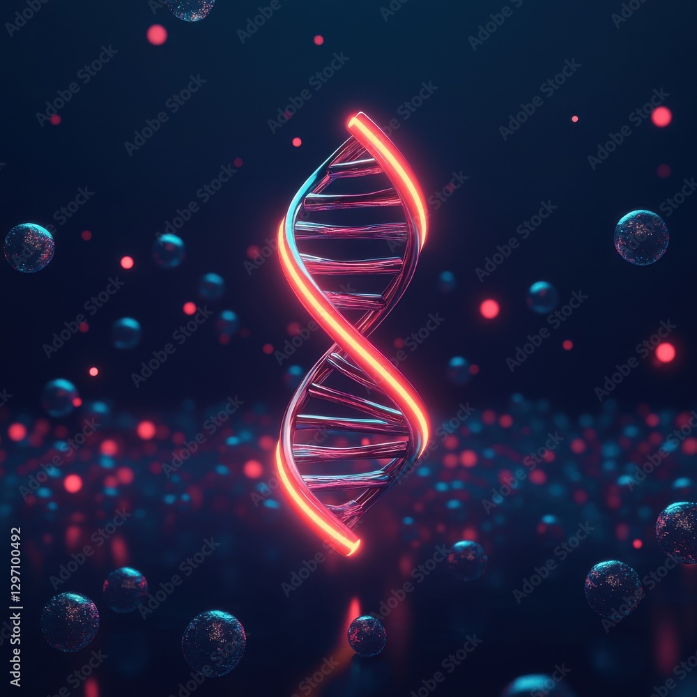 Poster a digital representation of a glowing dna helix surrounded by colorful particles in a dark, futurist