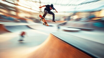 Skateboarder Jumping in Skatepark, Motion Blur