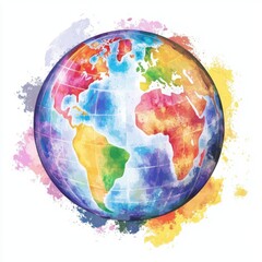 Naklejka premium A colorful, artistic representation of the globe, showcasing vibrant continents against a splattered background.