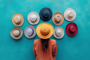 A humorous scene of someone wearing too many hats, playful and exaggerated