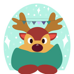 Rudolph the reindeer in a warm scarf, mittens and with a snowflake on his nose. PNG illustration for icon, logo, print, icon, card, emblem, label.
