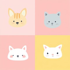 Fototapeta premium Cute illustrated cat faces in pastel colors on a playful background.